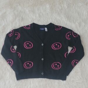 The Children's Place Black Pink Emoji Cardigan V- Neck Sweater Girls Size 10/12